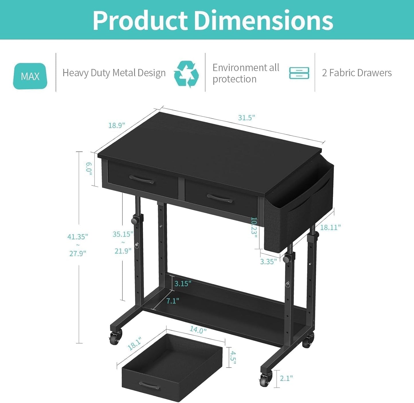 Small Portable Rolling Standing Desk - 32 Inch Adjustable Mobile Stand Up Gaming Desks with 2 Fabric Drawers on Wheels, Couch Sofa Side Laptop Table with Storage for Home Office, Black