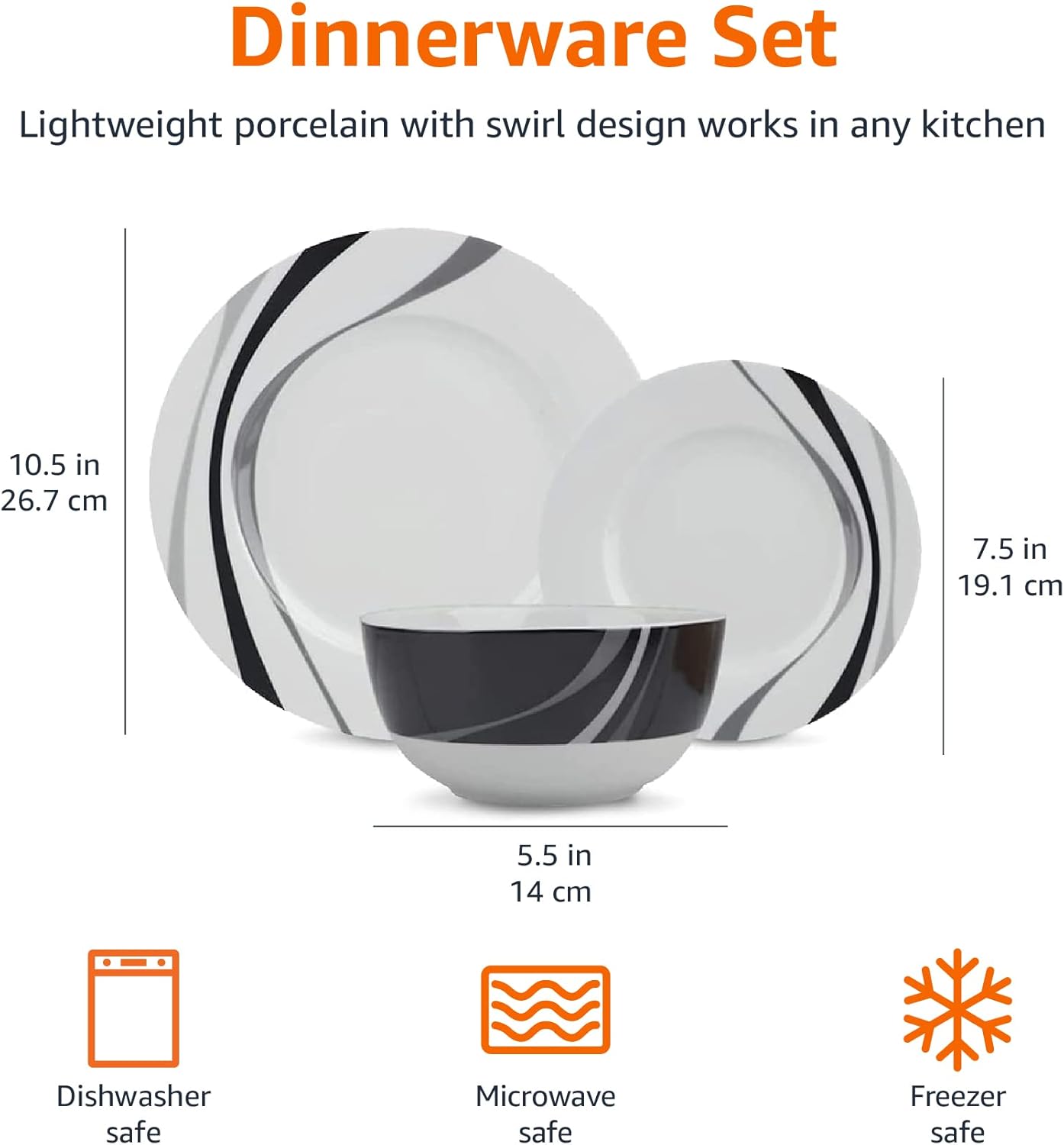 Amazon Basics 18-Piece Complete Kitchen Dinnerware Set, Microwave and Dishwasher Safe, Plates, Dishes, Bowls, Swirl, Heat Resistant, Service for 6, Everyday Use