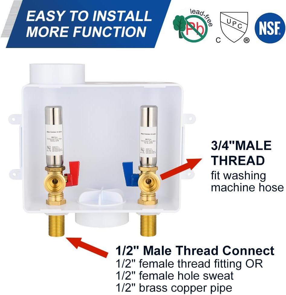 EFIELD Universal Washing Machine (Laundry) Outlet Box with Center Drain, 1/2-inch Sweat MIP Connection With Stainless Steel Water Hammer Arrestor,(WM051)