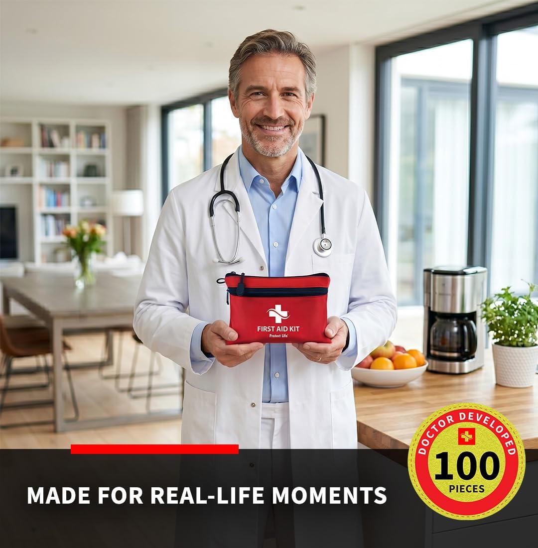 Protect Life Doctor Developed Mini First Aid Kit, 100 Piece Waterproof Emergency Kit for Car, Boat, Camping & Travel, Includes Emergency Blanket, Tourniquet & First Aid Guide