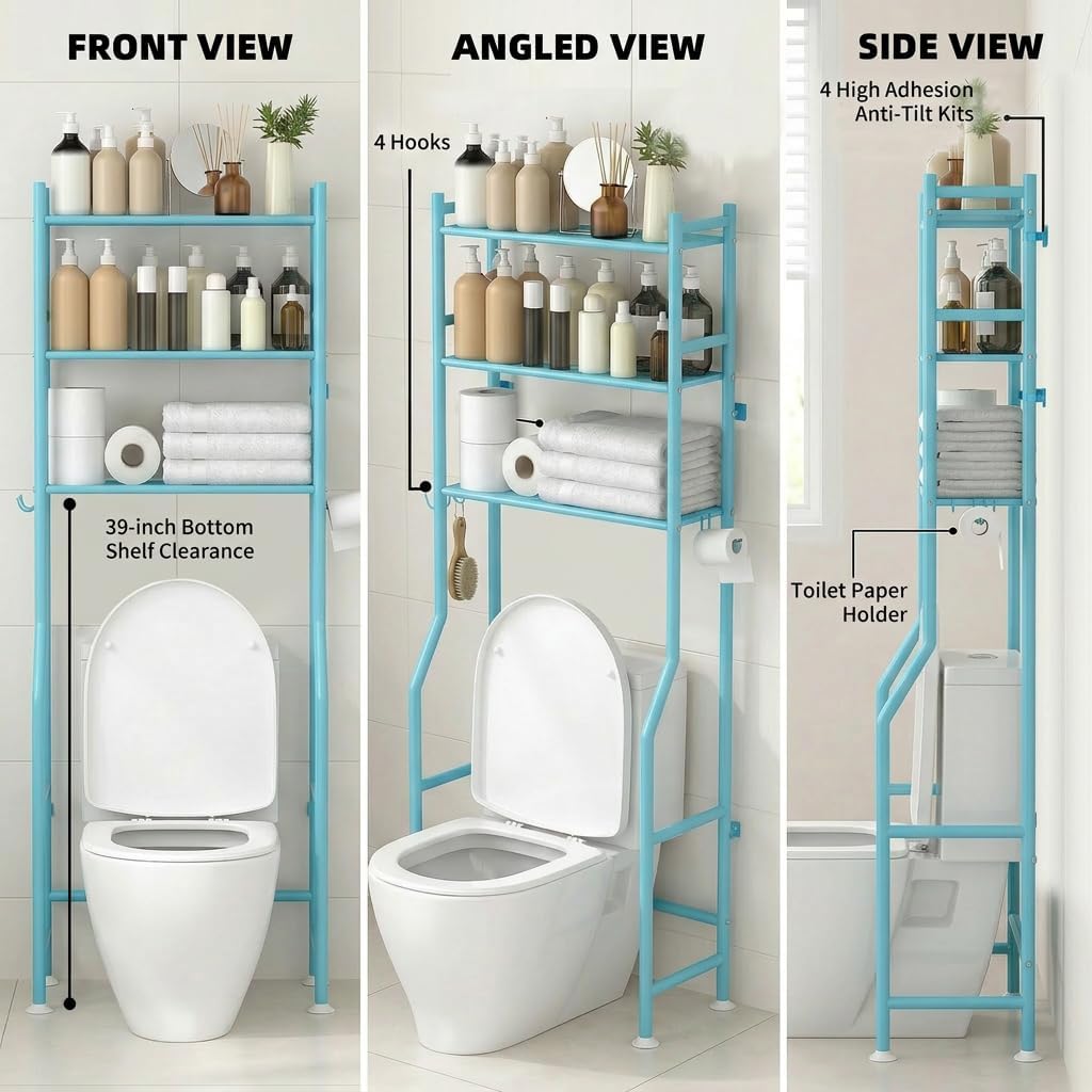 GloTika 3-Tier Over Toilet Storage with Anti-Tilt Safety System - 150lb Total Capacity Metal Bathroom Shelves Including Paper Holder & 4 Hooks, Space Saving Above Commode Organizer (64" H, Blue)