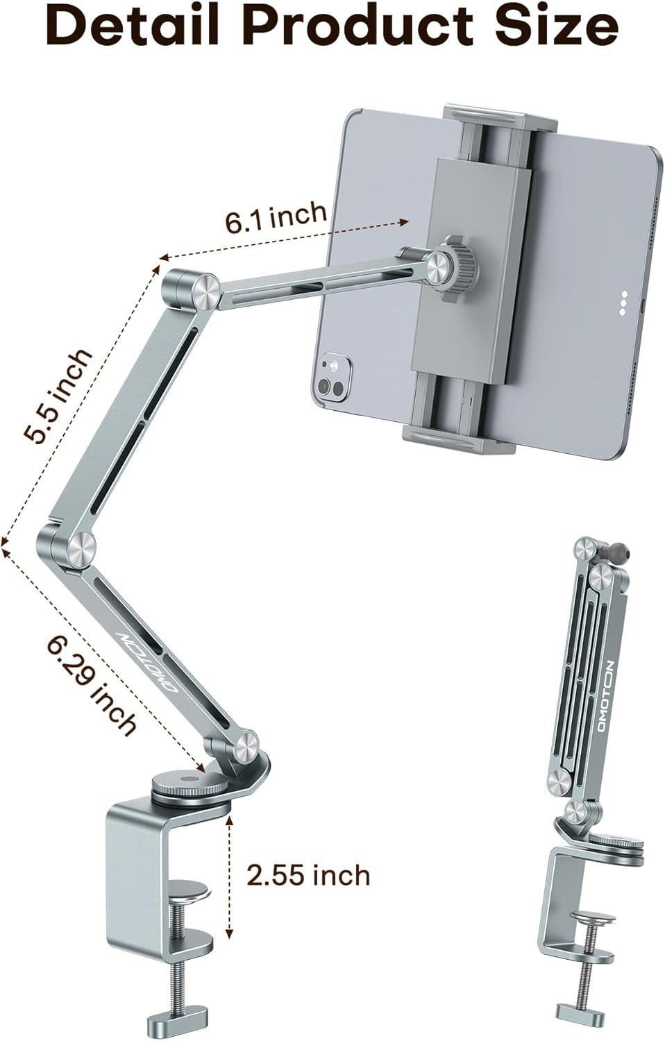 OMOTON Tablet Stand for iPad with 360° Rotation, GH03 Aluminum Alloy Long Arm Phone Mount with 2 Plastic Clamps (Phone & Tablet), Adjustable Holder for 4-13" iPad Pro/iPhone, Grey