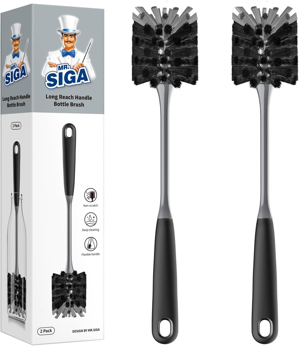 MR.SIGA Long Handle Bottle Brush, Flexible Scrub Brush for Water Bottles, Glasswares, Mugs, Gray, 2 Pack