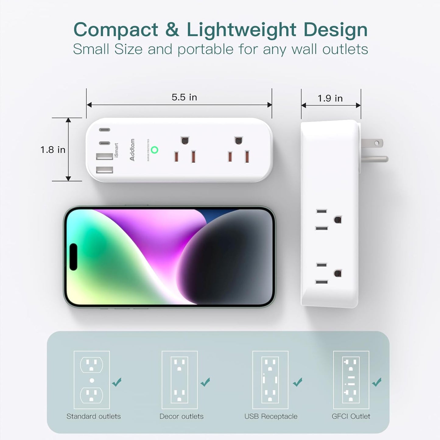 Surge Protector Wall Outlet Extender, Multi Plug Outlet with Rotating Plug, 6 AC Outlets 4 USB Ports (2 USB C), 1800J, 3-Side Power Strip Wall Mount, Outlet Splitter for College Dorm Travel Essentials
