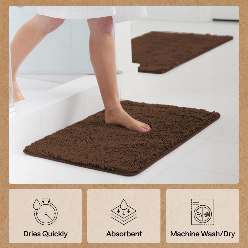 GORILLA GRIP Bath Rug Mat, Thick Soft Absorbent Chenille, Quick Dry Microfiber Mats, Rubber Backing Washable Shower Floor Rugs, US Designed Bathroom Bathmat Home Decor Accessories, 24x17, Brown