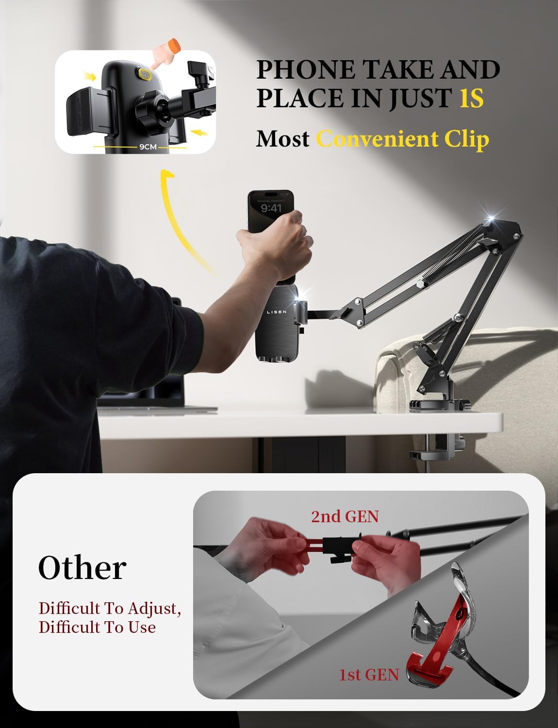 LISEN Gooseneck Phone Holder for Bed Desk [3rd Upgrade] Cell Phone Stand for Desk Bed Gaming Accessories,Gifts for Men Mom Senior Tech Mount for Recording Filming Laying Down Flexible Magic Arm Clamp