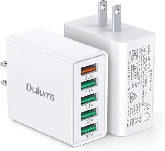 50W USB Wall Charger Block, 2Pack 5-Port Charger Fast Charging Block QC 3.0 Multiport Type C Box Brick Cube USB A Wall Plug for iPhone 16/15/14 Pro Max Plus, iPad,Galaxy, LG, Moto, Android Phones