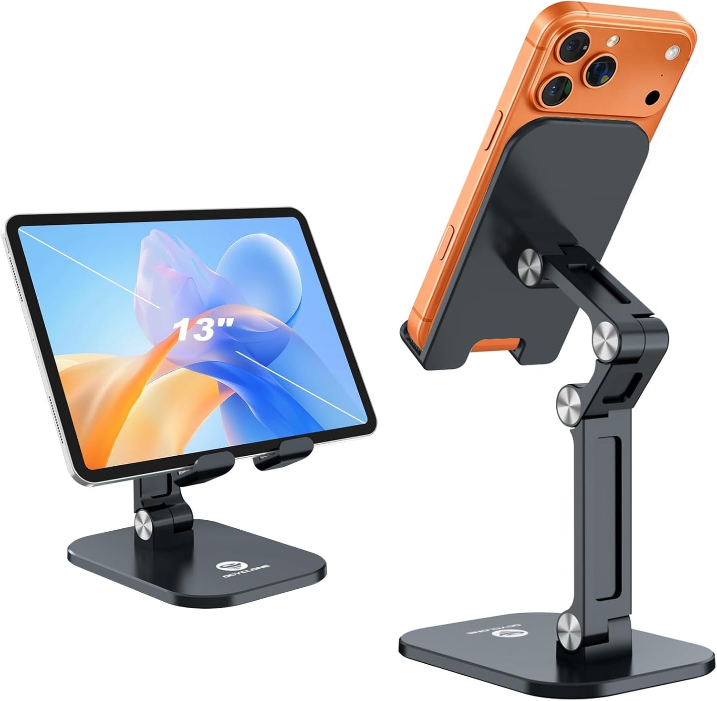 OCYCLONE Phone Stand, Foldable Cell Phone Stand Holder for Desk Office Accessories Adjustable Height and Angle iPhone Stand Compatible with 4"-13" Phones iPad Tablet - Black