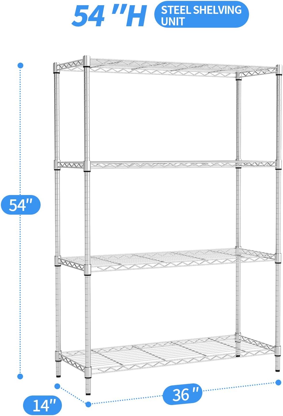 BestOffice | 4-Tier Wire Storage Shelves | 36x14x54 | Chrome | with Adjustable Racks | Heavy-Duty Metal Shelf, Holds Upto 1000 lbs | No-Tool Assembly | Ideal for Home & Garage Shelving