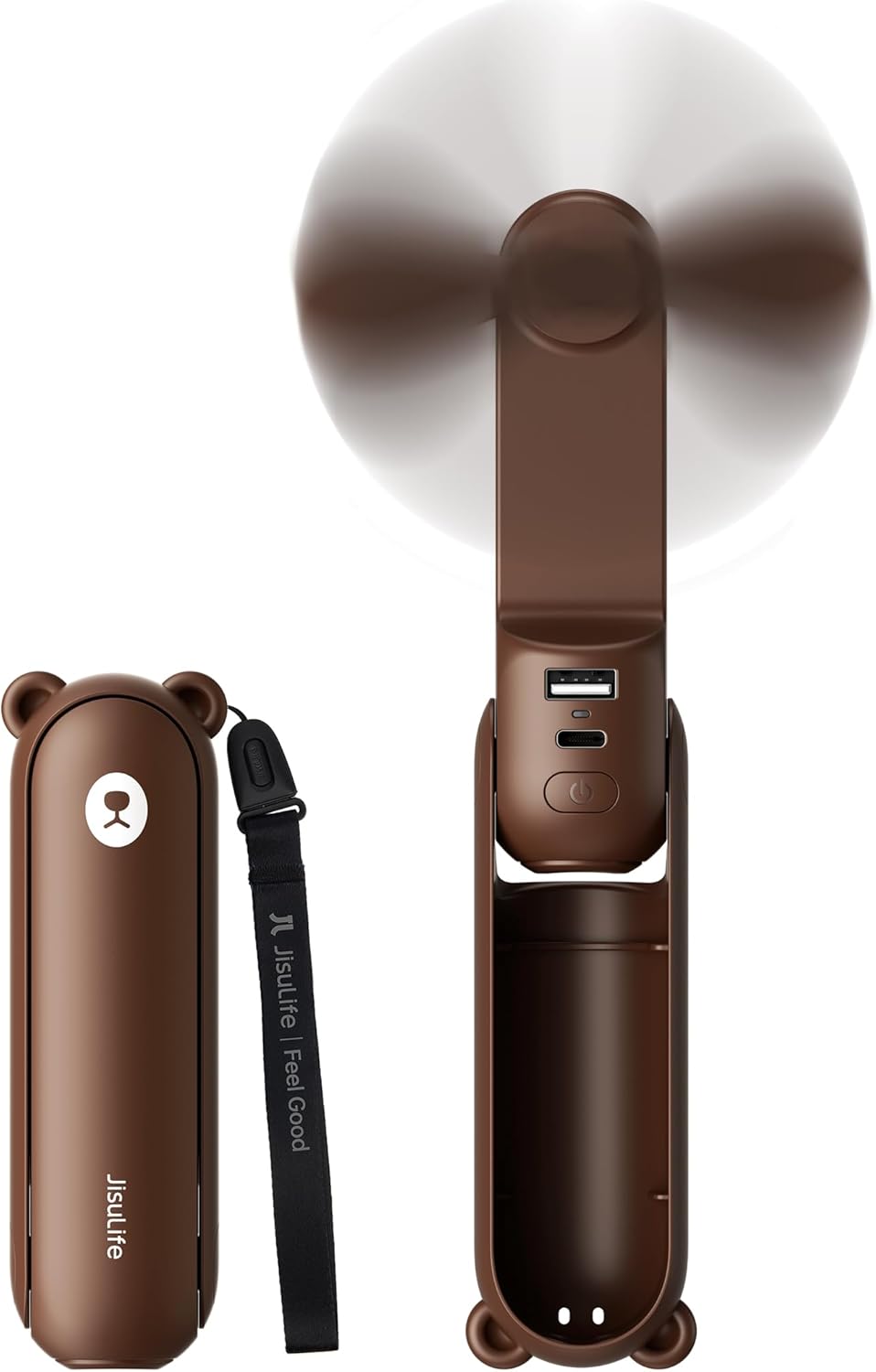 JISULIFE 3 IN 1 Handheld Mini Fan - Portable Fan & Power Bank & Flashlight, 19H Max Cooling, USB Rechargeable, Pocket-Sized for Travel, Cruise, Concerts, Makeup, 2026 Summer Gifts for Women(Brown)