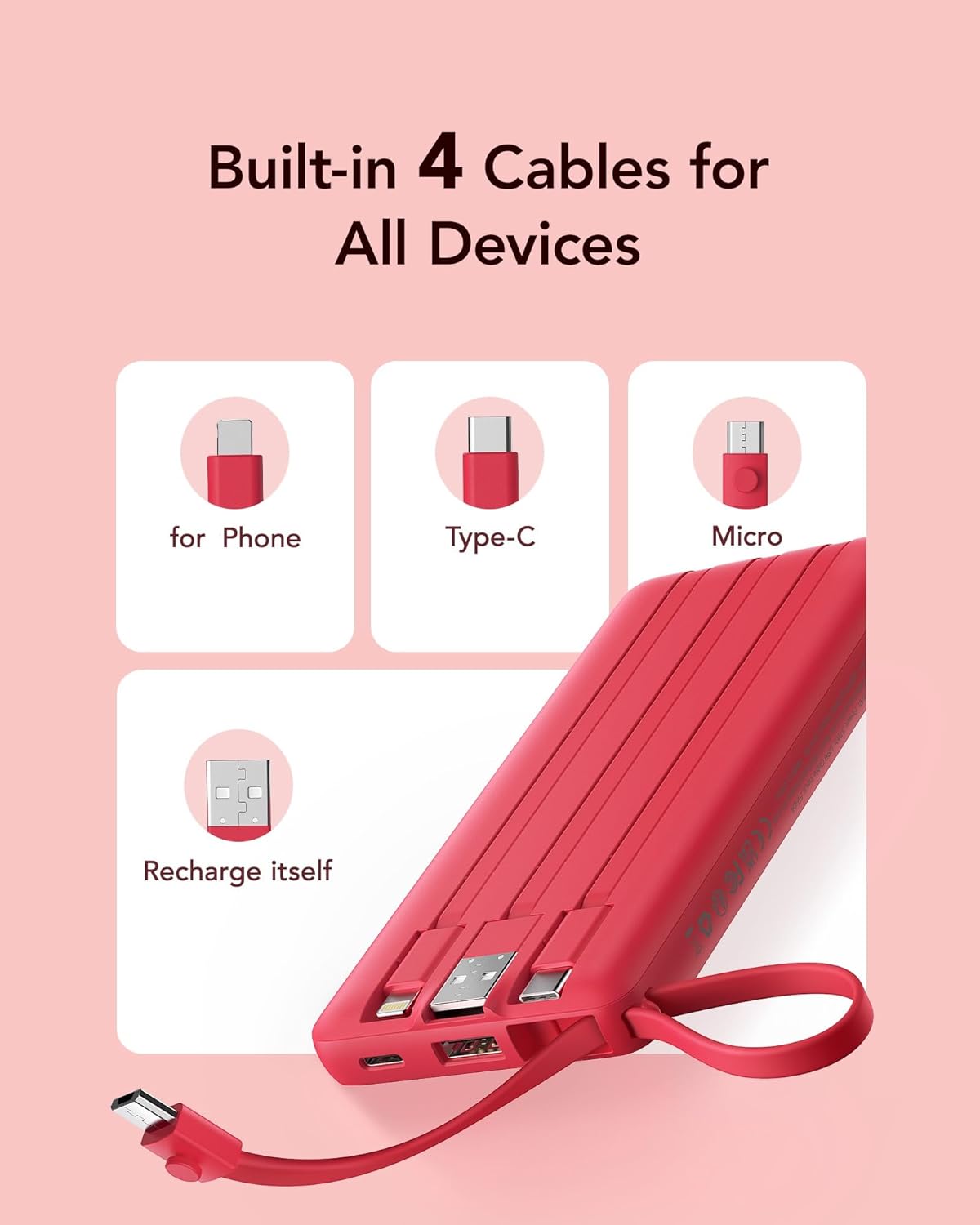 VRURC Portable Charger, Built in 4 Cables & Lanyard Power Bank 10000mAh, Compact USB C Charging Bank 5 Outputs for Multi Devices,Travel Essential for Hiking Camping Business Cruise Ship-Red(1 Pack)