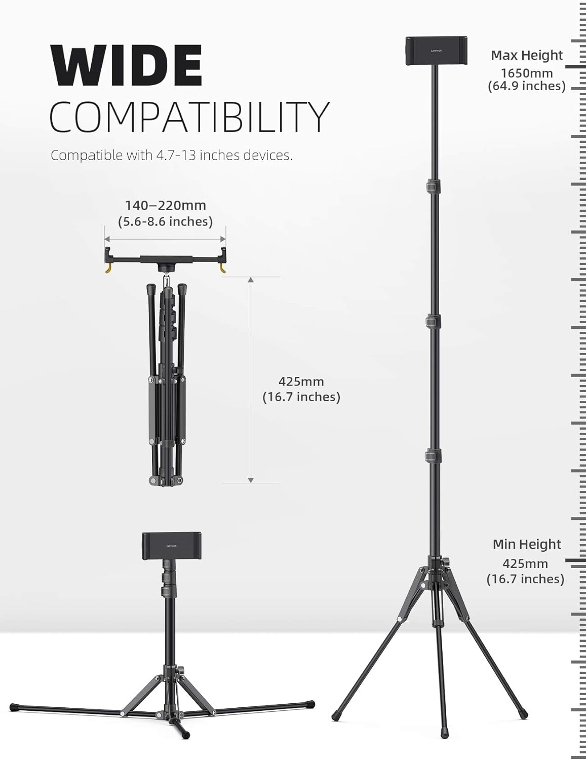 Lamicall Tablet Floor Tripod Stand - 64.9" Tablet Holder Mount with Adjustable Height for Watching, Bluetooth Remote, for 4.7-13" iPad Pro 12.9 11 10.5 Mini, Air, iPhone, Galaxy Tabs