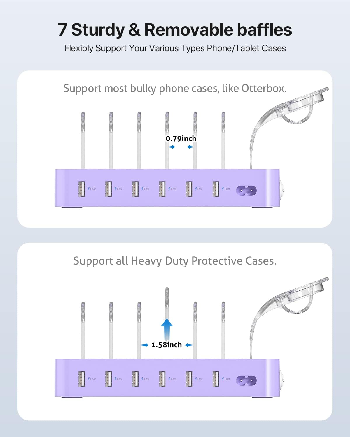 SooPii Premium 6-Port USB Charging Station Organizer for Multiple Devices | Included 6 Short Charging Cables and One Upgraded i-Watch Charger Holder for Phones,Tablets and Other Electronics, Purple