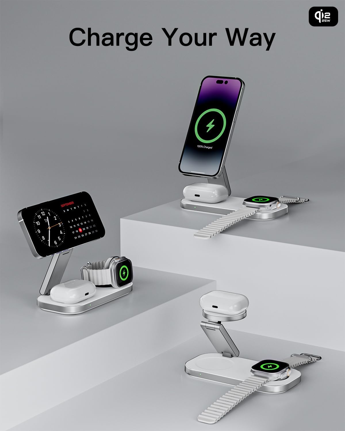 3-in-1 Charging Station for Apple Device, Qi2 25W Certified Magnetic Wireless Foldable Fast Charger Stand Compatible with MagSafe for iPhone 17e/17/16/15/14/13/12/Air Series, Apple Watch & AirPods