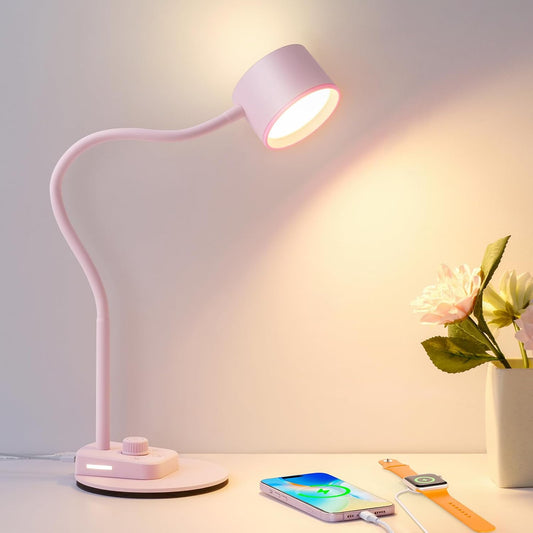 LiFMIRA Cute Desk Lamp with USB C + A Charging Port, 5 Colors Dimmable Pink