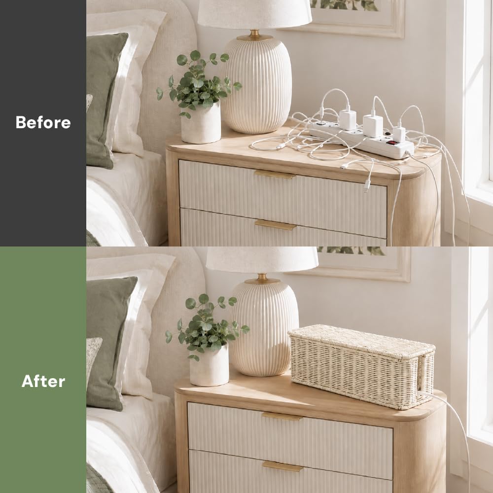 Cable Management Box, Handmade Rattan Cord Organizer for Power Strip | Open Slots Cord Hider for Power Strip, Router & USB Hub, Registered U.S. Design Patent