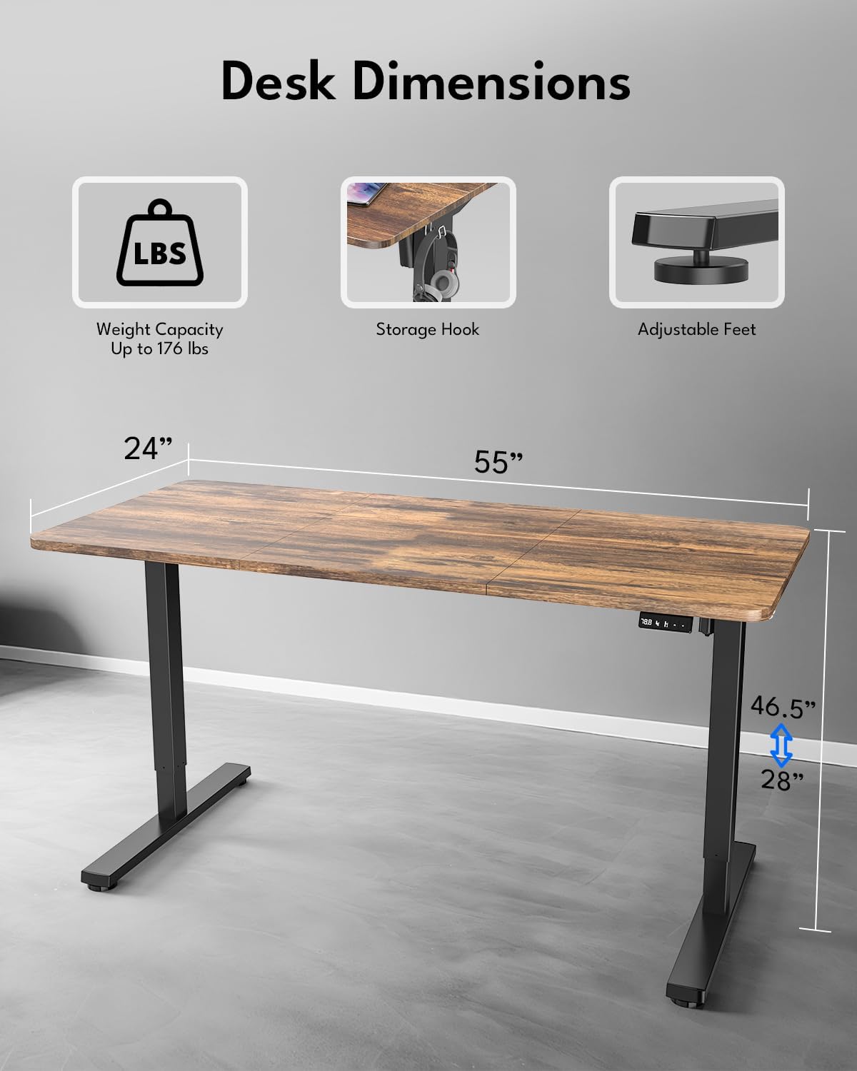 Standing Desk, Height Adjustable Electric Stand up Desk, 55 x 24 Inches Sit Stand Home Office Desk with Splice Board, Black Frame/Rustic Brown Top