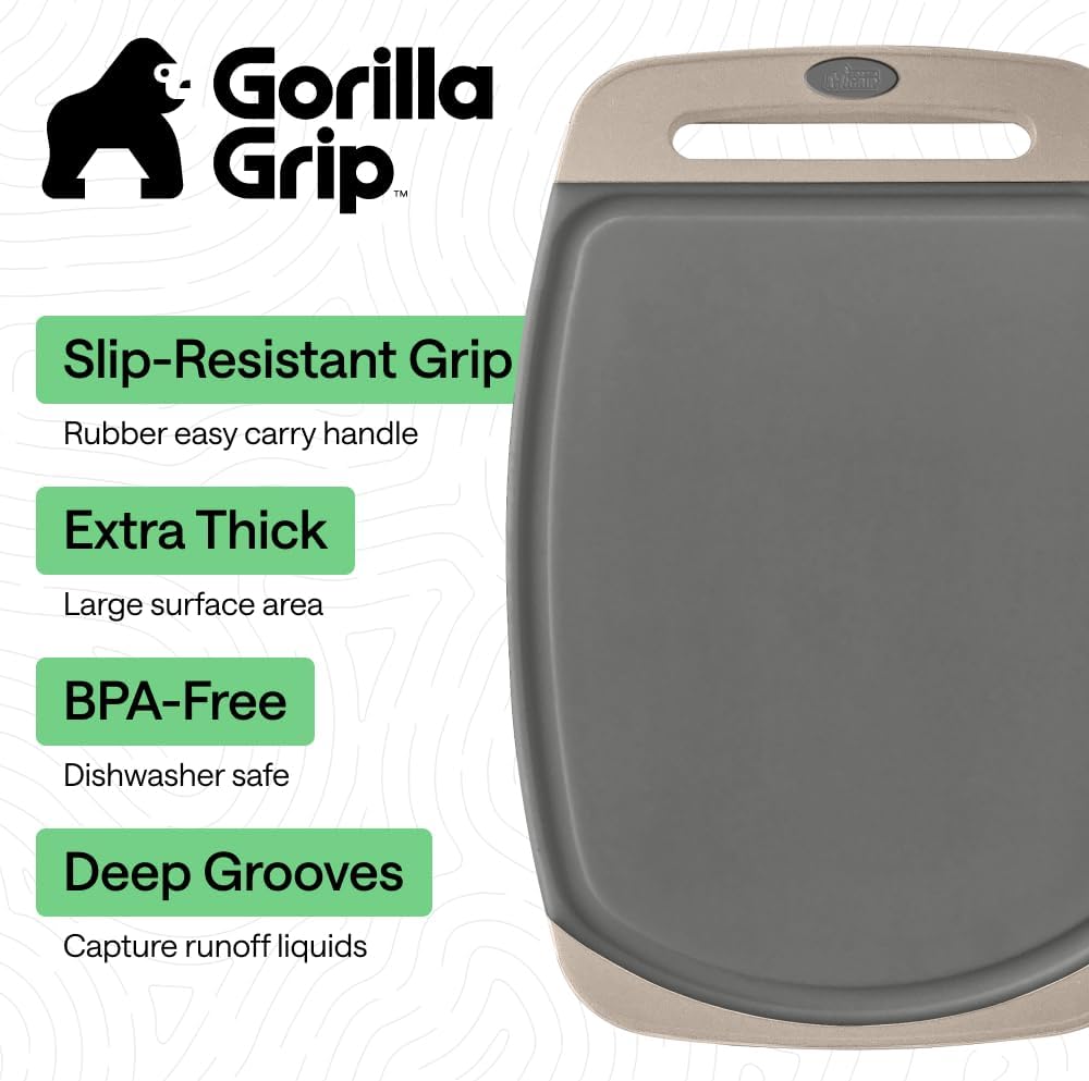 GORILLA GRIP BPA-Free Reversible Kitchen Cutting Board Set of 3, US Designed, Nonporous, Juice Grooves Catch Liquid, Slip Resistant Border, Dishwasher Safe, Durable Food Chopping Boards, Gray Almond