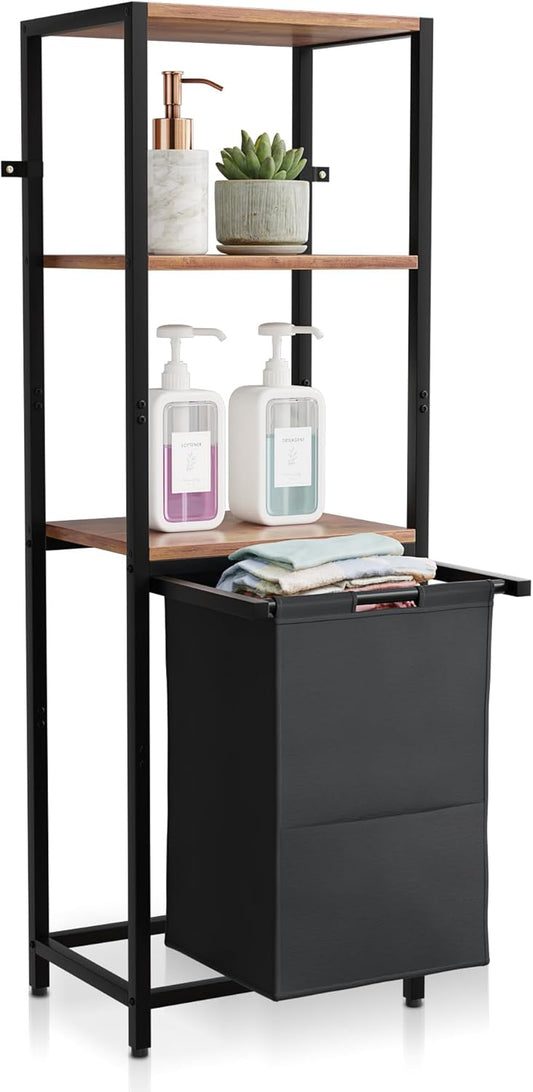 Tilt-Out Laundry Hamper with Shelf – 3 Tier Laundry Organizer with Waterproof Fabric Bin | Freestanding Storage Cabinet with Hooks for Bathroom & Bedroom