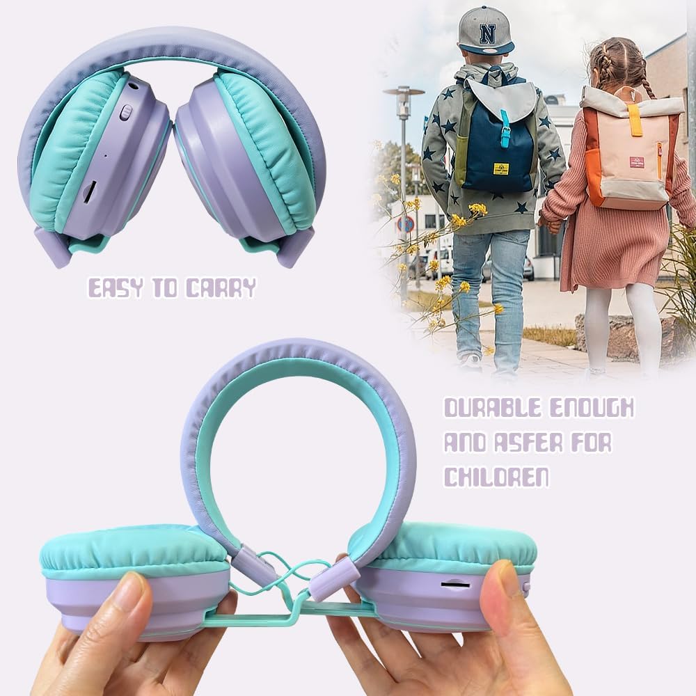 Mokata Kids Headphones Bluetooth 5.3 Wireless Lightweight Fast Charging 68 Hours Play Time Volume Limited 85/94dB Over Ear Foldable with Built-in Mic for Toddler Tablet Pad Light Purple