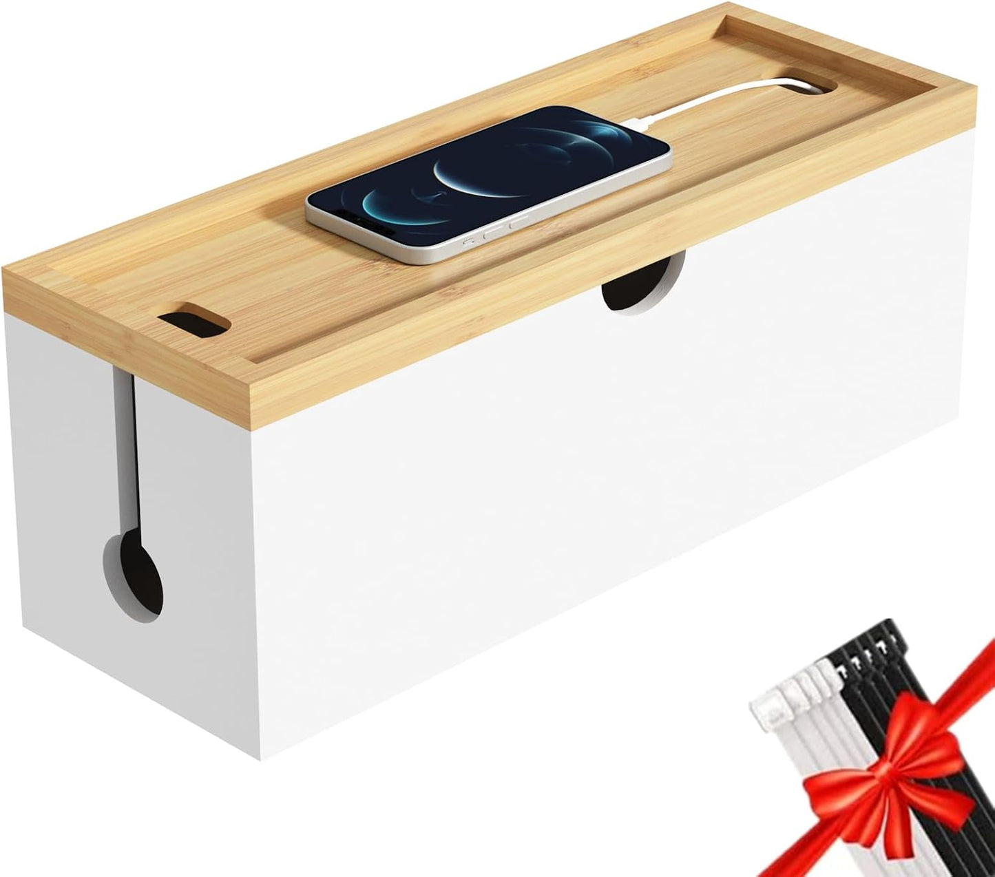 Bamboo Cable Management Box, Large Cord Organizer Box Cable Box to Hide Wires & Power Strips for Desktop Storage Cord Holder for Office Home,No Assembley Required (All White, Large)