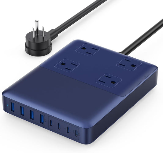 12-in-1 Charging Station USB C Power Strip with 5ft Cord and Plug,200W GaN IV USB C Charger Block,4 AC Outlets,8 USB for MacBook,iPhone 17/16,Fast Charging Desktop Charger for Office,Home Blue