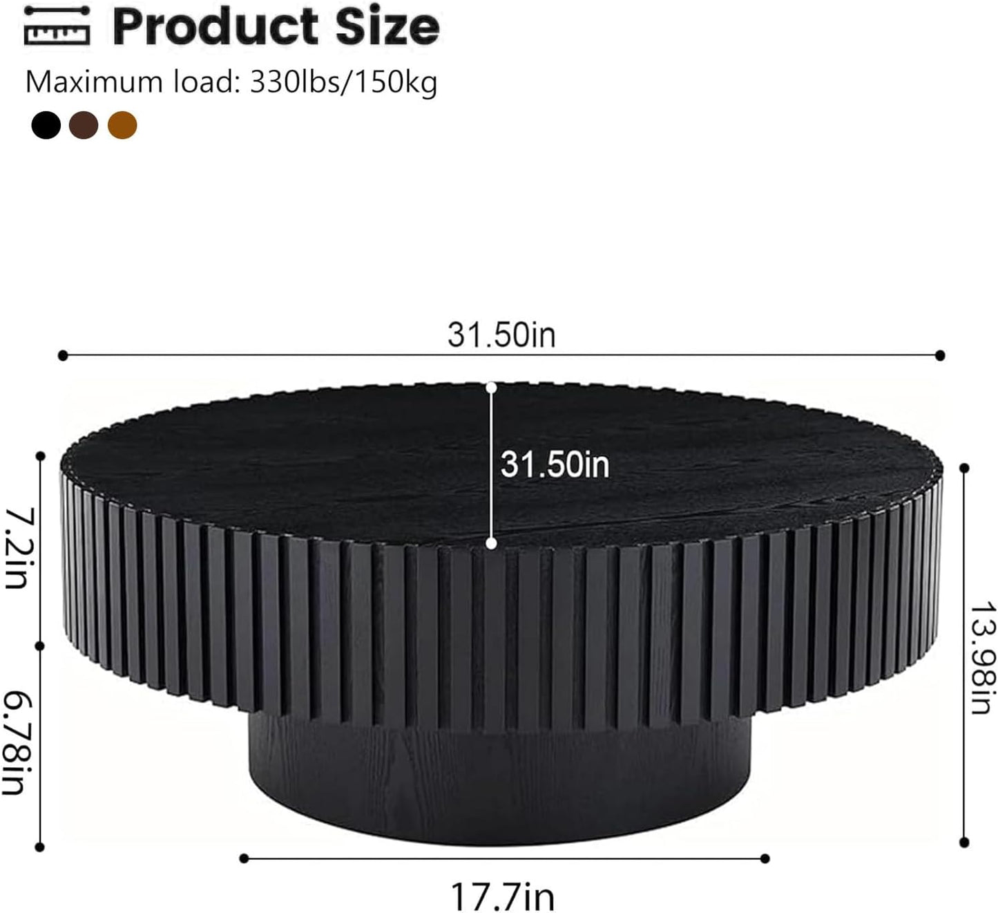 31.5" Round Black Coffee Table for Living Room (Black 31.5") | Mid Century Modern, Drum Fluted Coffee Table with Sturdy Pedestal, Circle Center Table, Accent Tea Table for Apartment