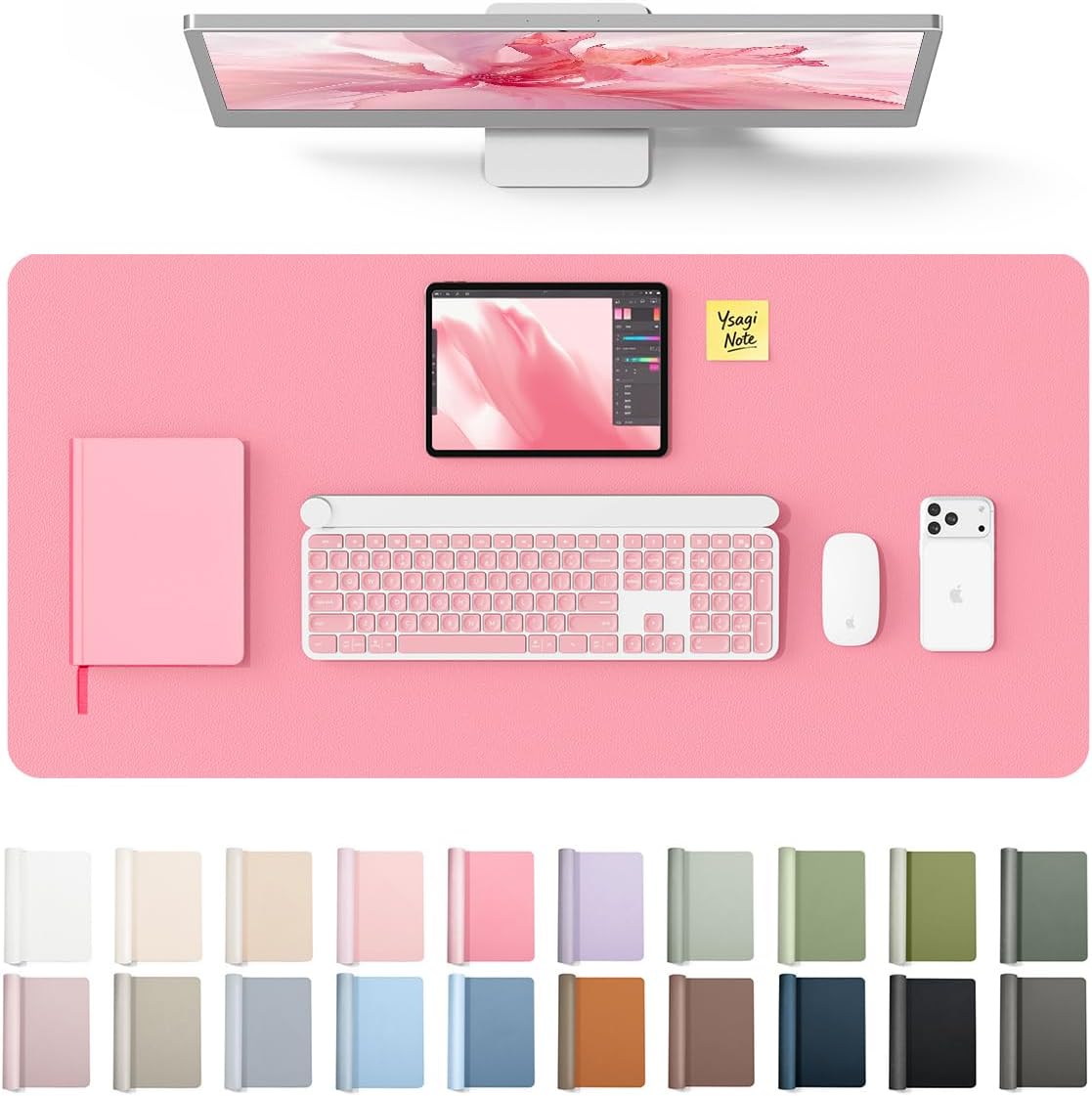 YSAGi Leather Desk Protector, Office Mat, Large Mouse Mat, Non-Slip PU Leather Blotter, Laptop Desk, Waterproof Writing Pad for Office and Home (Pink, 31.5" x 15.8")