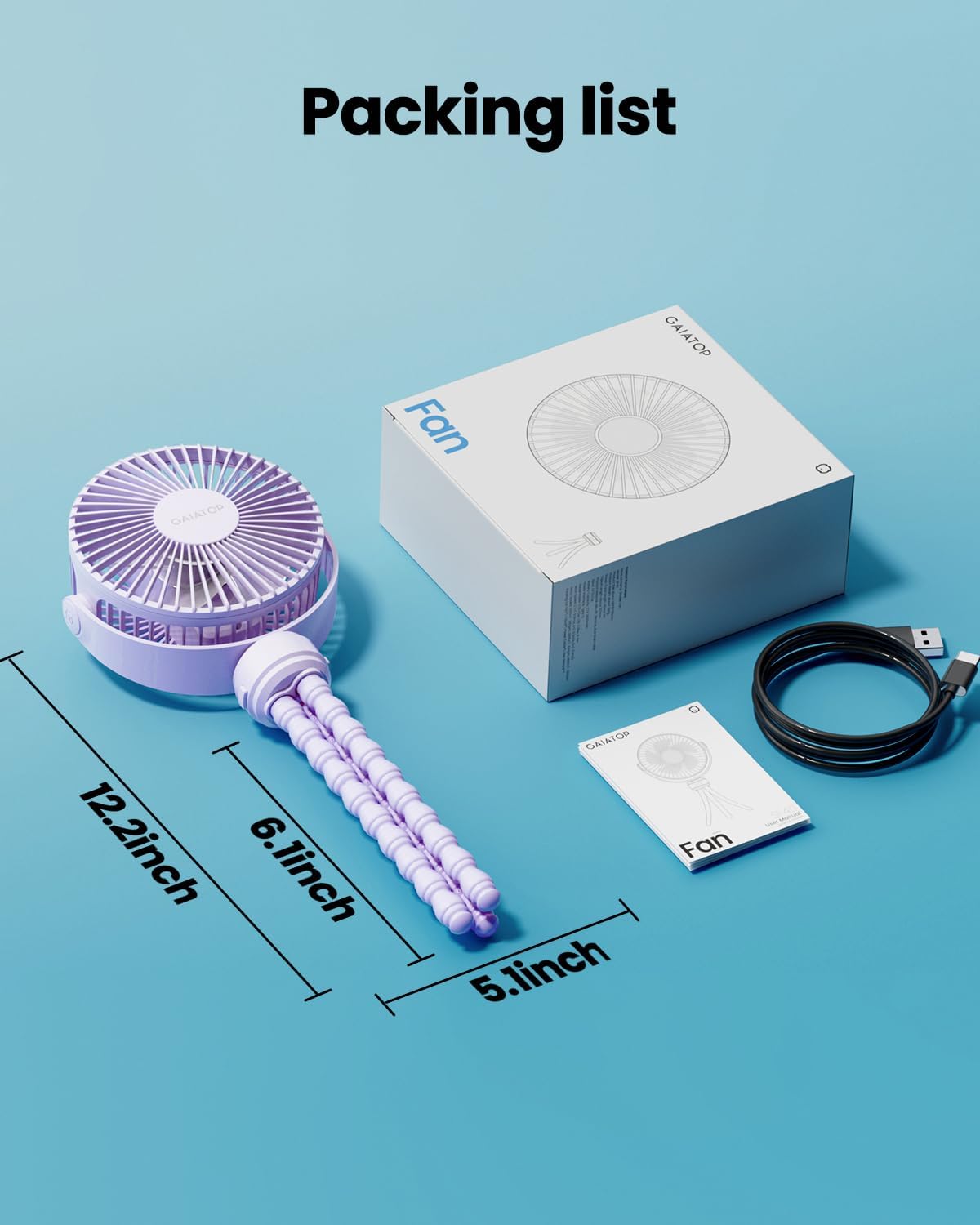 Gaiatop Mini Electric Fan with 360 Rotation, 5.5mm Gaps, Rechargeable Battery, 3 Speeds, Purple