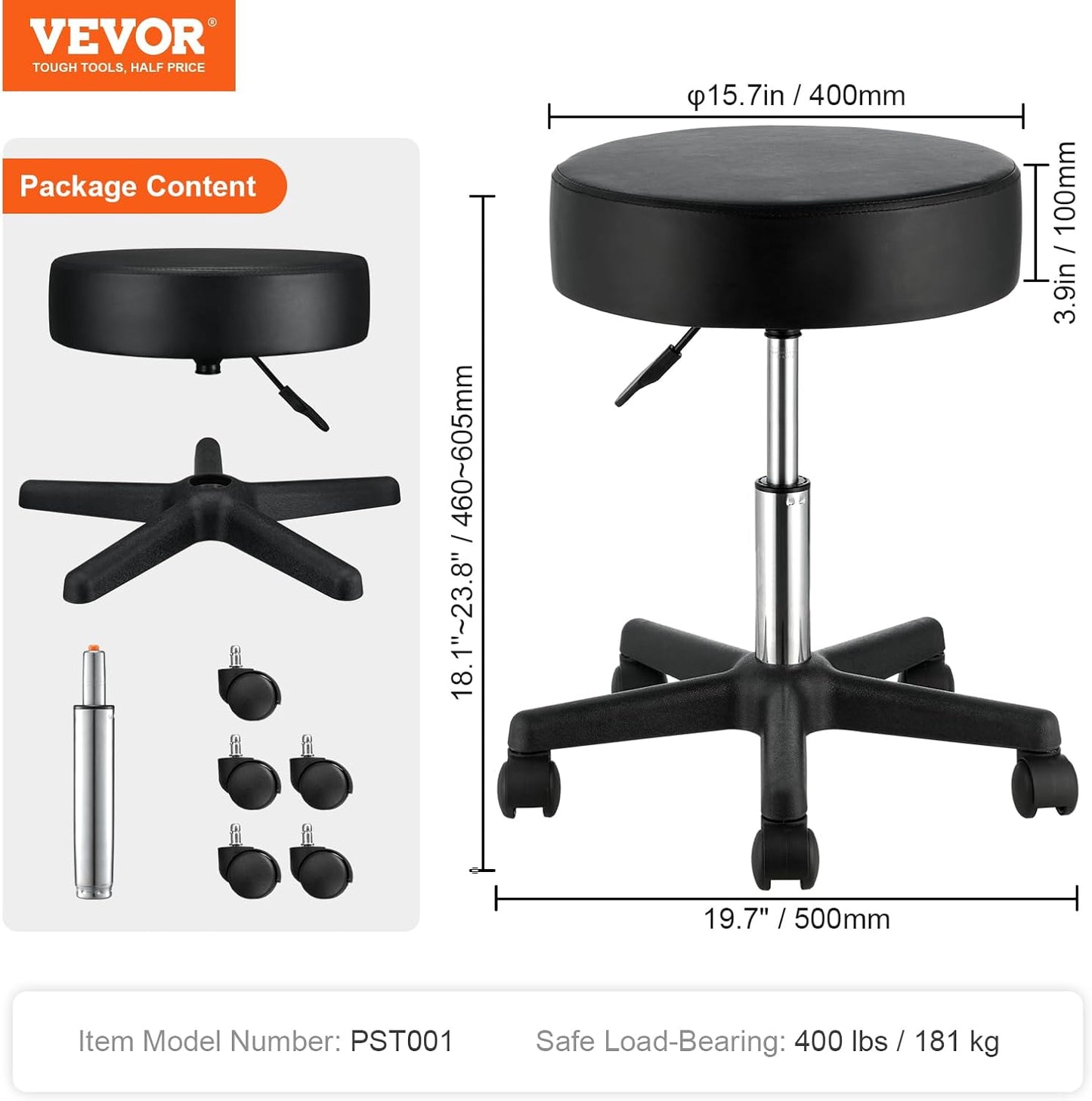 VEVOR Rolling Stools with Wheels, 400 LBS Weight Capacity Adjustable Height Stool with Ultra-Thick Seat Cushion, Swivel Stools Chair for Salon, Bar, Home, Office, Tatoo, Medical, Massage, Black