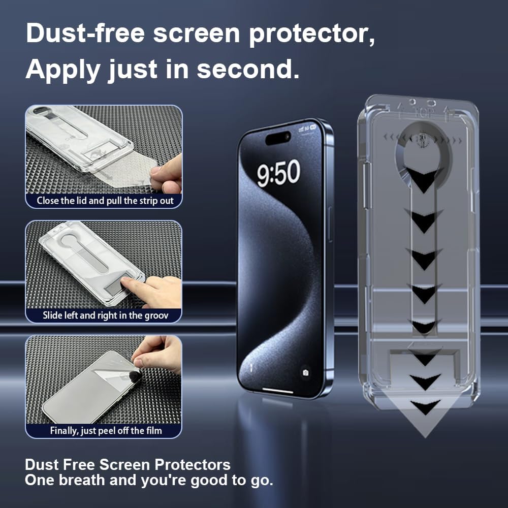 OneFish Screen Protector for Iphone 15 Pro Max, HD Clarity Tempered Glass Film 9H+ Hardness with Hassle-Free Installation Frame, Dust-Free Bubble-Free Anti-Fingerprint, 2Pack