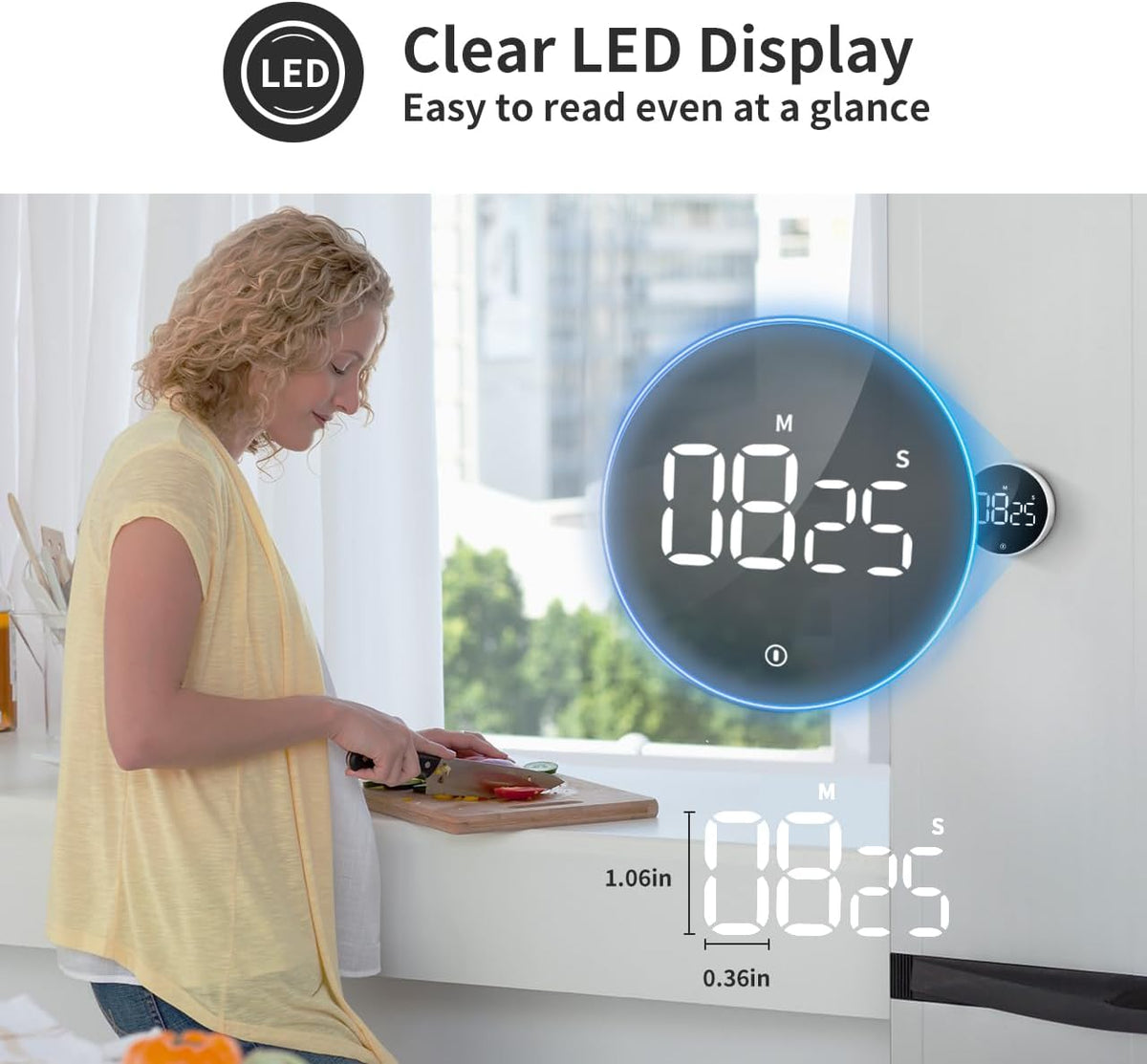 Digital Magnetic Kitchen Timer & Stopwatch with LED Display, White