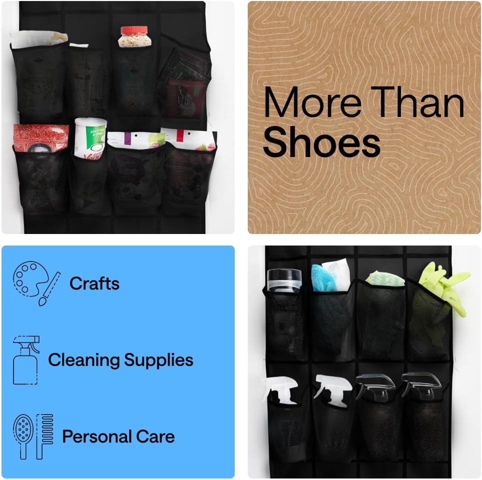 GORILLA GRIP Over the Door Shoe Organizer, 24 Large Breathable Mesh Pockets, Space Saving Hanging Storage Holder, Closet Rack Hanger Holds Up to 40 lbs, Hangs on Closets for Shoes, Accessories, Black