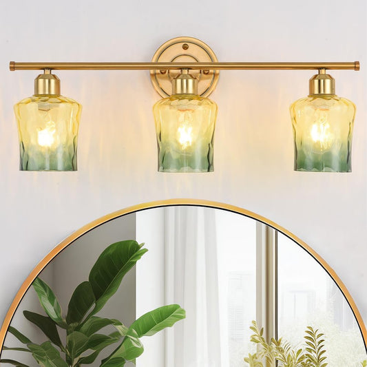 Modern 3-Light Glass Bathroom Light Over Mirror, Gold Vanity Light with Yellow Green Gradient Glass Shade, E26 Bathroom Vanity Light, for Kitchen, Hallway, Cabinet, Bedroom, Living Room