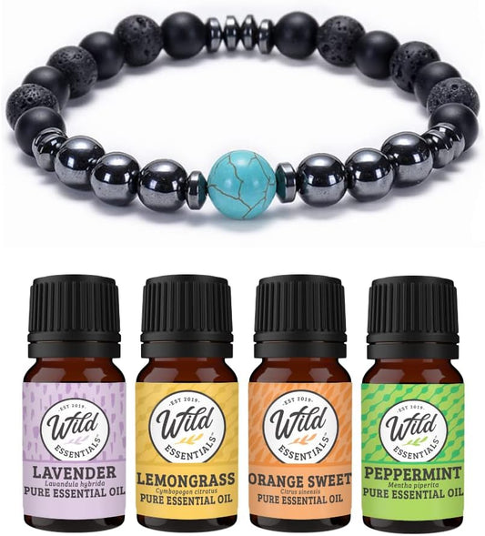 Wild Essentials Turquoise and Hematite Lava Stone Essential Oil Diffuser Bracelet, Expandable Elastic, Aromatherapy Jewelry Gift Set and 100% Pure Oils (Lavender, Lemongrass, Orange and Peppermint)