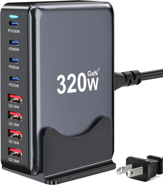 320W USB C Charger Block, Multi-port Fast USB Charging Station Dual PD 100W GaN Ⅲ Charging Station For Multiple Devices, Laptop Charger Adapter Compatible with MacBook, DELL, iPad, iPhone, Samsung etc