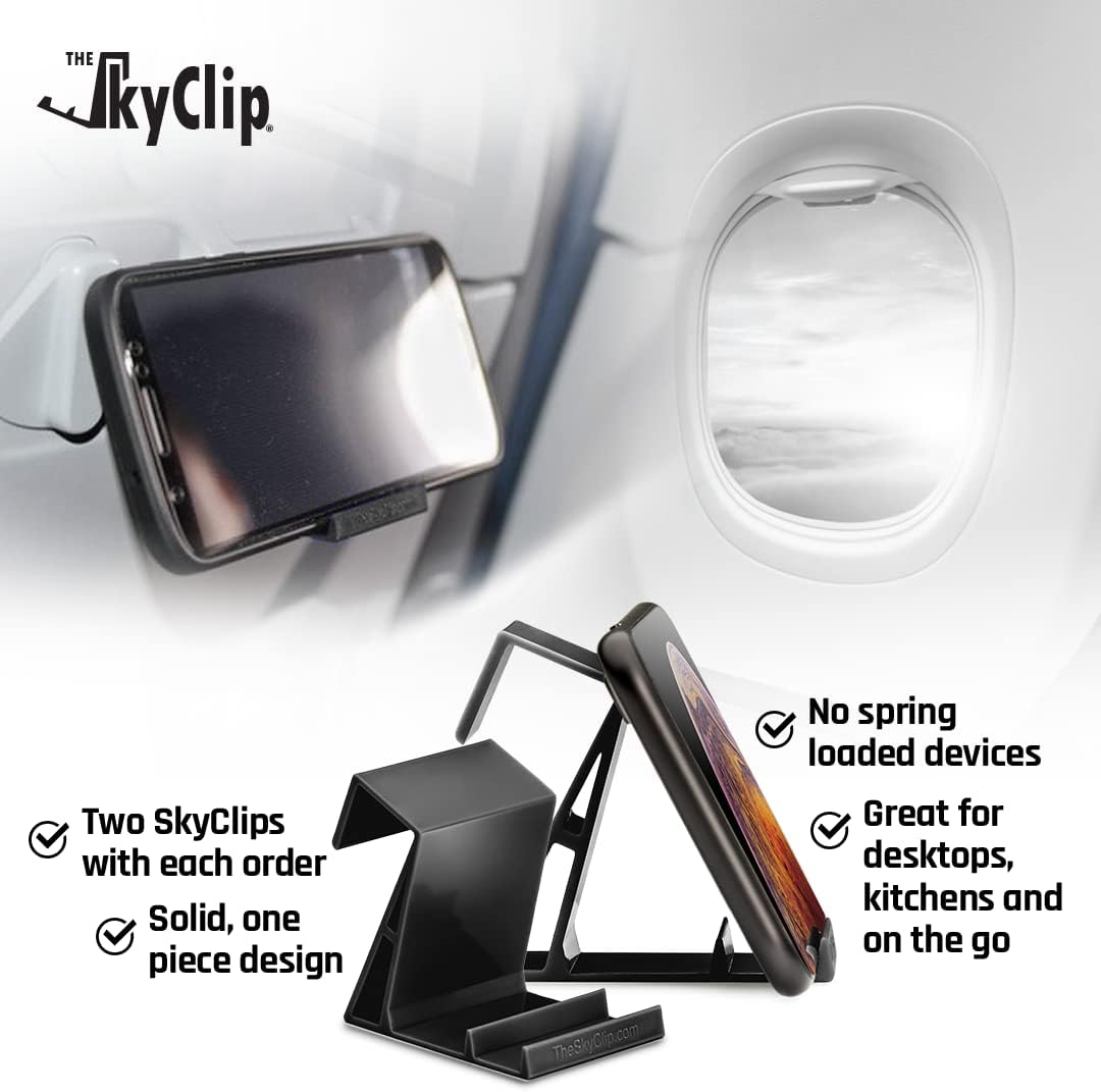 The SkyClip Airplane Cell Phone Back of Seat Inflight Tray Table Clip and Sturdy Phone Stand, Compatible with iPhone, Android, Tablets, and Readers, Travel Must Have (Black 2 Pack)