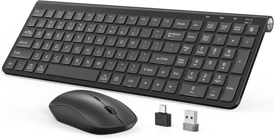 JOYACCESS Wireless Keyboard Mouse Combo, Ergonomic Wireless Keyboard with Adjustable Stand, Type-C Connector,and Waterproof Film Compatible with Win 7/8/10, MacBook Pro/Air, Laptop - Black