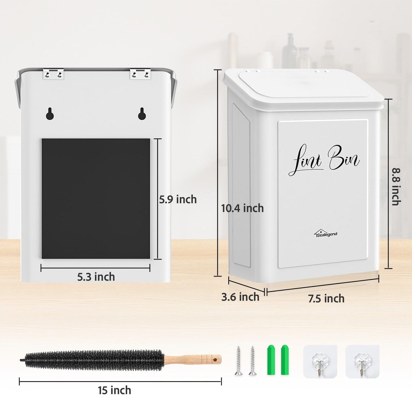 Sealegend Magnetic Lint Bin for Laundry Room with Dryer Lint Brush, Wall Mounted Metal Trash Can with Lid for Dryer, Space-Saving Laundry Organization and Storage, White