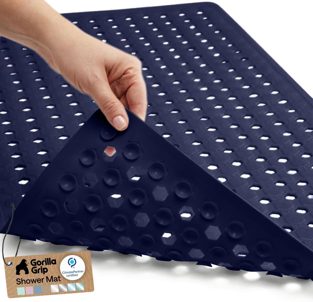 GORILLA GRIP Patented Bath Tub Shower Mat, Machine Washable Bathtub Floor Liner Mats, Suction Cups and Drain Holes to Keep Tubs Clean, Soft on Feet, Bathroom Essentials, 35x16 Inch, Navy Opaque