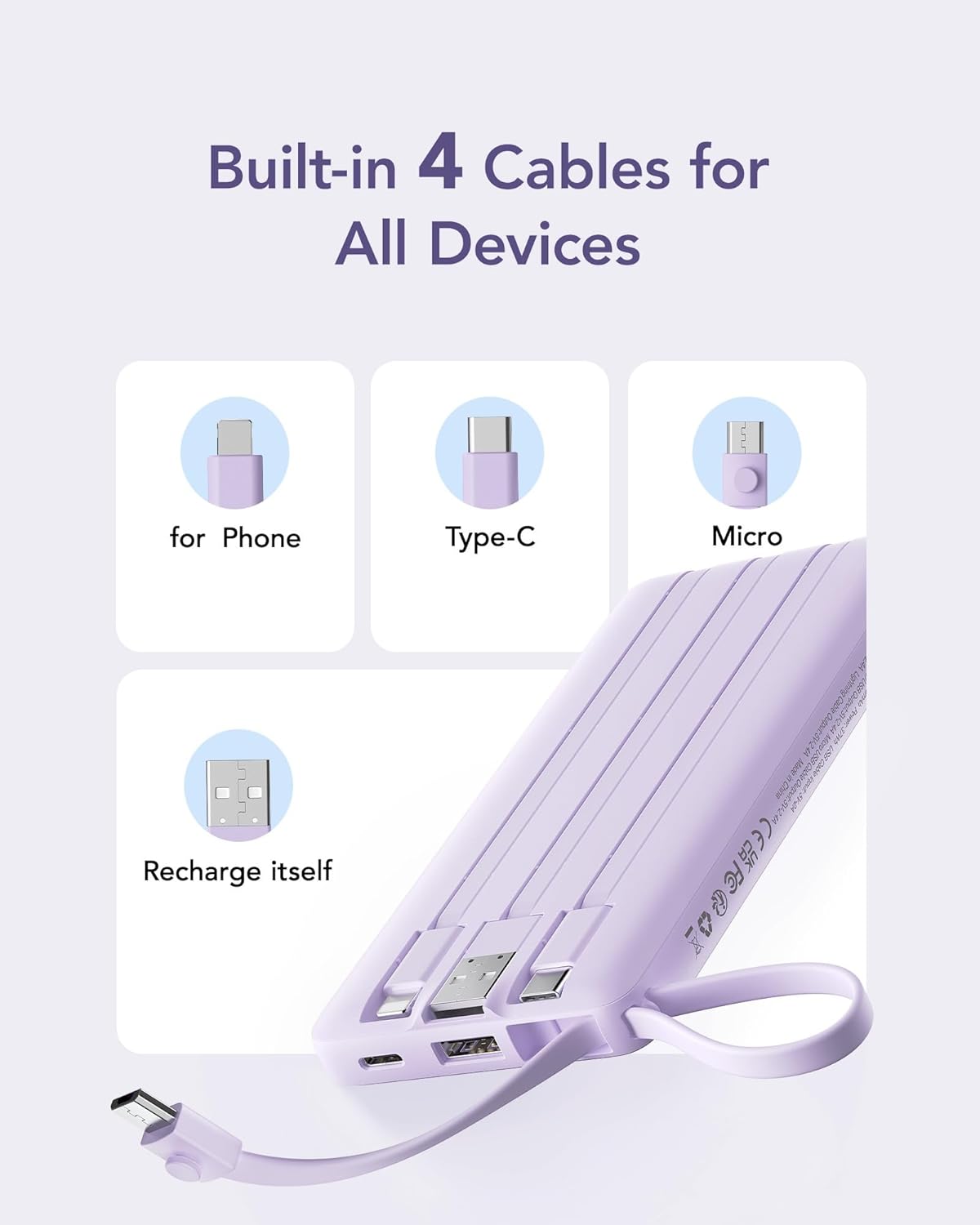 VRURC Portable Charger Power Bank, USB C Battery Pack 10000mAh, Flight-Safe Travel Essentials, 5 Outputs 2 Inputs Slim Phone Charging Bank Built-in Cables for Multi Devices-Lavender(1 Pack)
