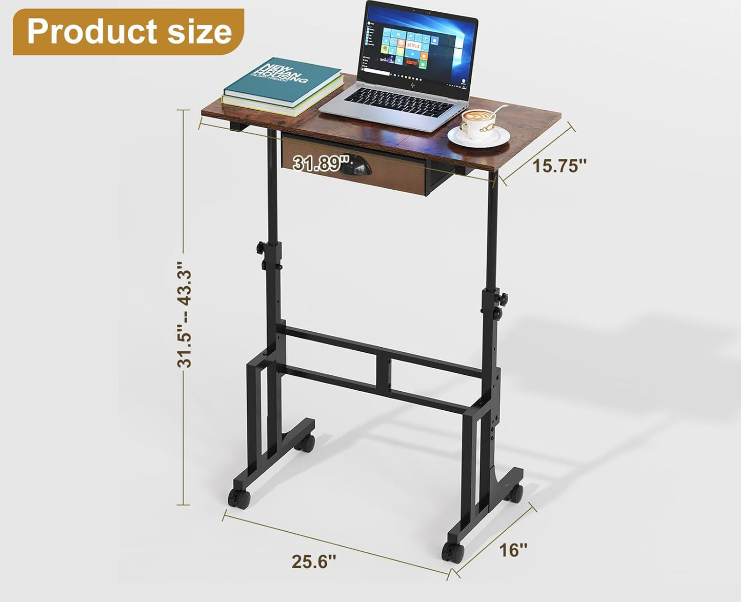 Adjustable Height Standing Desk With Drawer, Rolling Sit Stand Up Desk With Wheels, Small Sit To Stand Computer Desk, Adjustable Desktop Height, On Wheels, Brown, For Walking Pad Laptop Treadmill