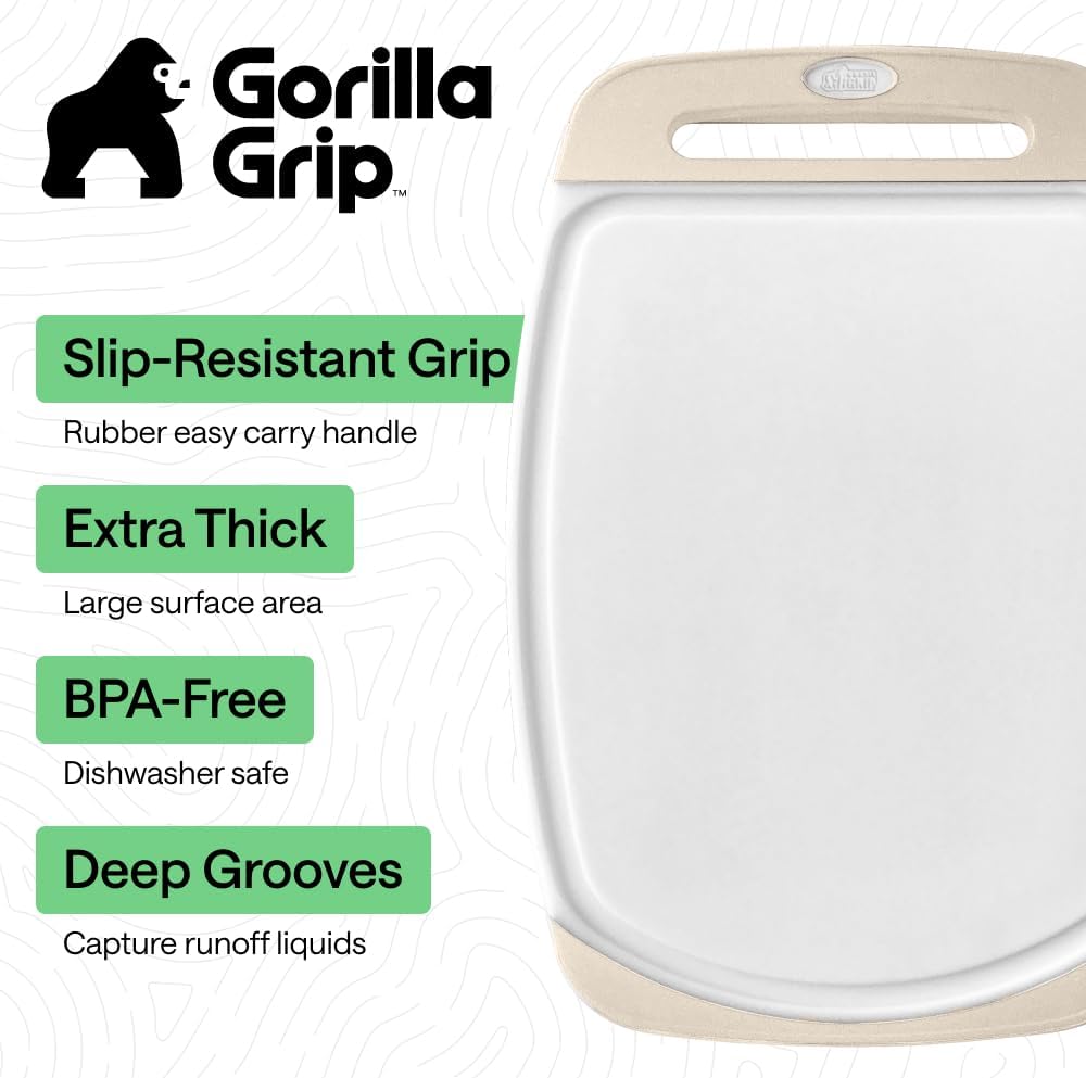 GORILLA GRIP BPA-Free Reversible Kitchen Cutting Board Set of 3, US Designed, Nonporous, Juice Grooves Catch Liquid, Slip Resistant Border, Dishwasher Safe, Durable Large Food Chopping Boards, Almond