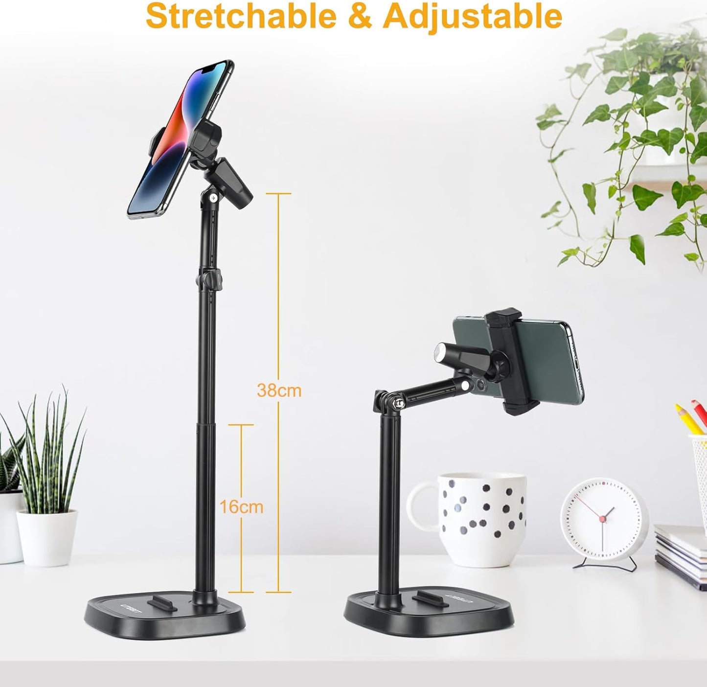 UTEBIT Cell Phone Stand, 6-15" Height Adjustable Rotating Cell Phone Holder for Desk, Retractable Cell Phone Stand,Tablet Stand Holder for 4.7"-15.6" Screen iPhone Samsung, iPad, Kindle, eBook Reader