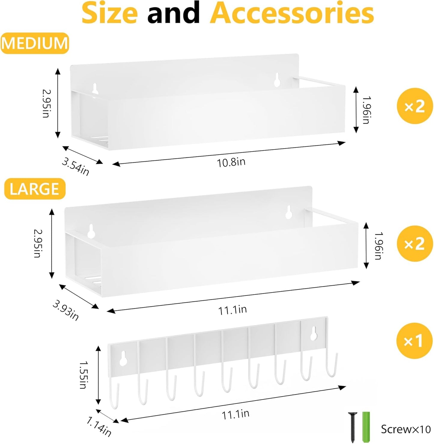 SMRCAD Magnetic Spice Rack Organizer for Fridge Seasoning Organizer for Kitchen storage with Screw Magnetic Shelf with Hook for Refrigerator and Oven (4pack1hook-White)