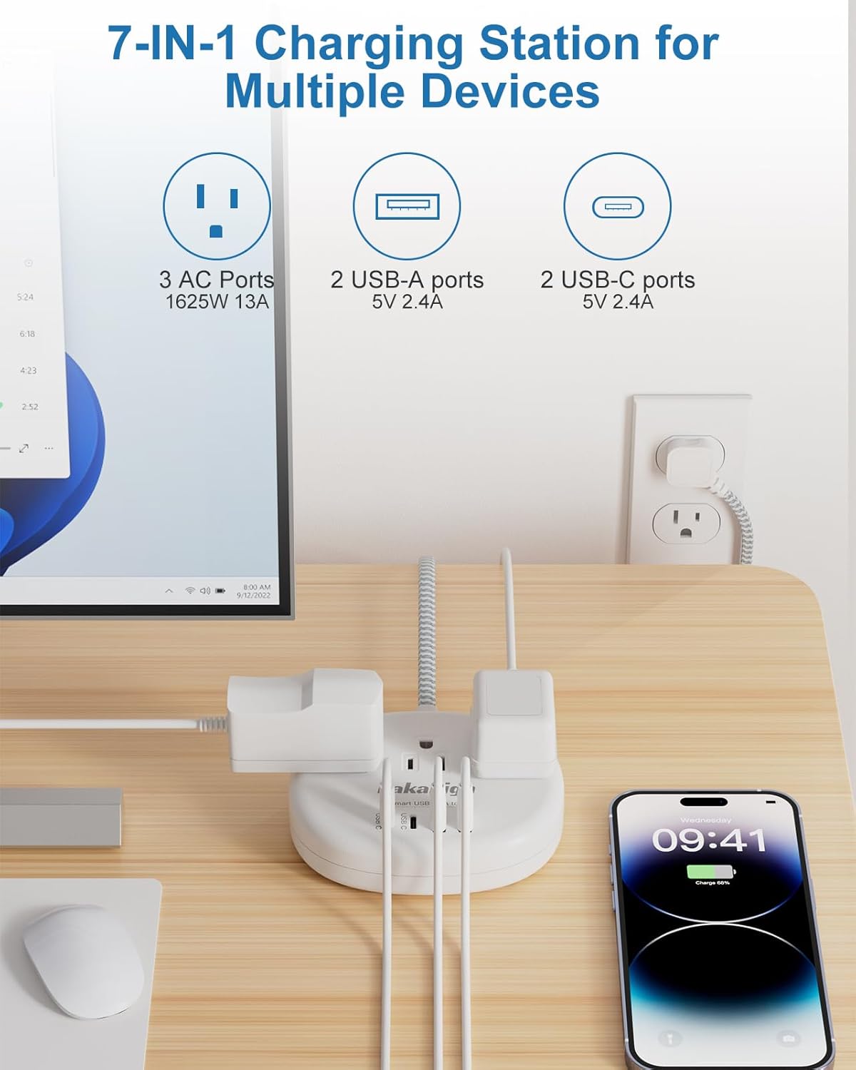Small Extension Cord with USB C - 5 FT Short Extension Cord, 1625W 3 Prong Power Strip with 3 AC Outlet 4 USB (24W/4.8A), Bedside Charging Station for Home Office Dorm Room Essentials