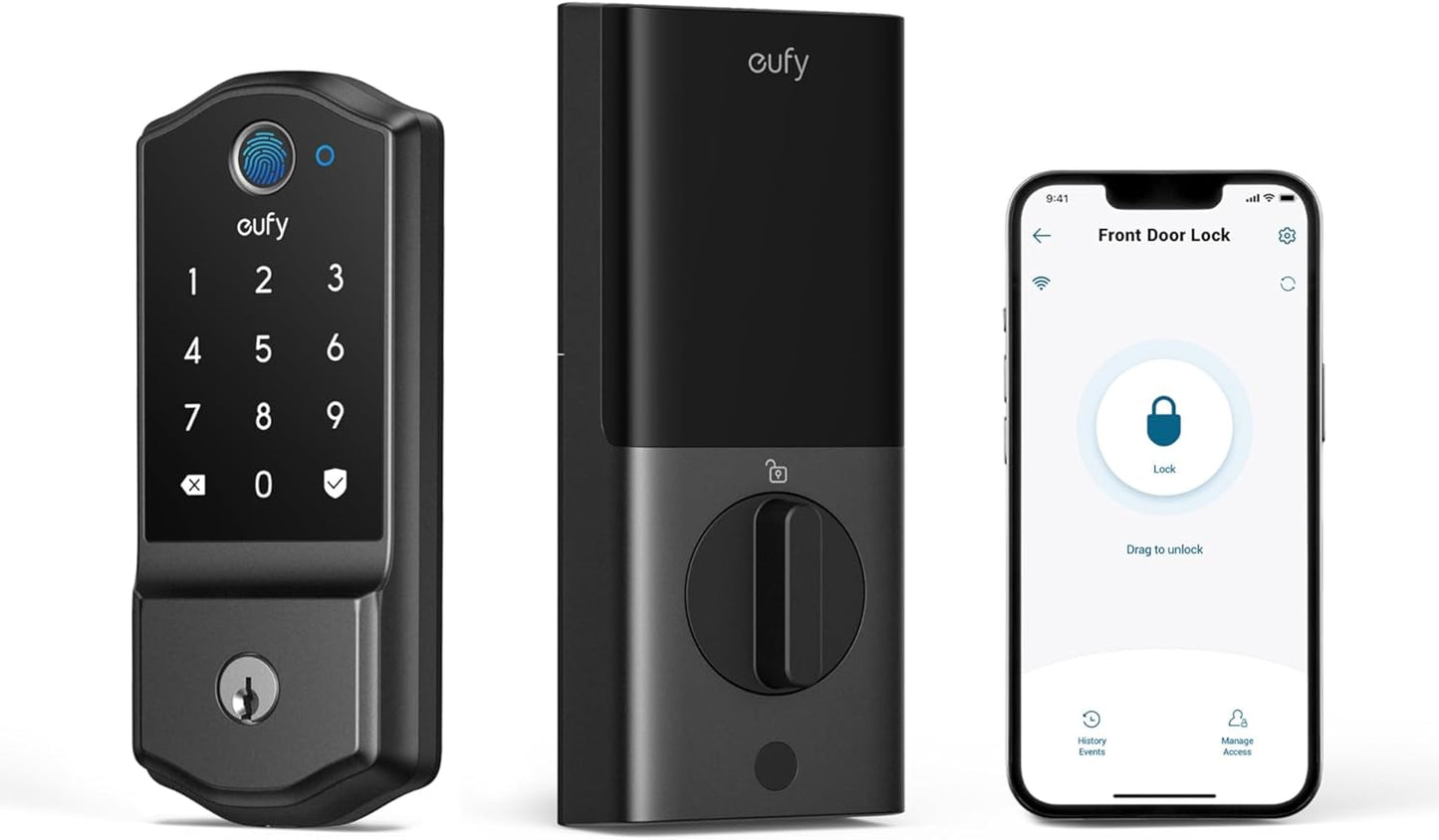 eufy Security Smart Lock C220, Fingerprint Keyless Entry Door Lock, Built-in Wi-Fi, App Remote Control, Front Door Smart Lock Deadbolt, 8Months Battery, Reliable Power, IP53 Waterproof, BHMA Grade 3