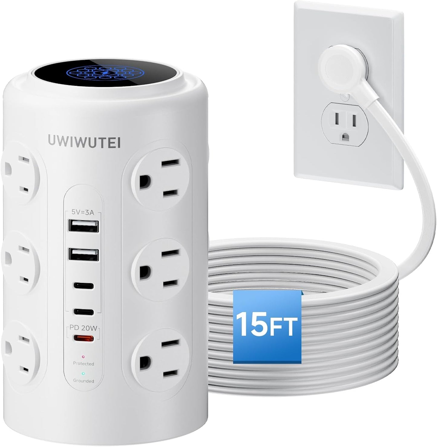 Tower Power Strip with 1 Dedicated PD 20W Fast-Charging Port, 12 Outlets, 5 USB Ports (3 USB-C), 1800J Protector, Desk Charging Station for Multiple Devices,10FT Extension Cord, Home Office Essentials