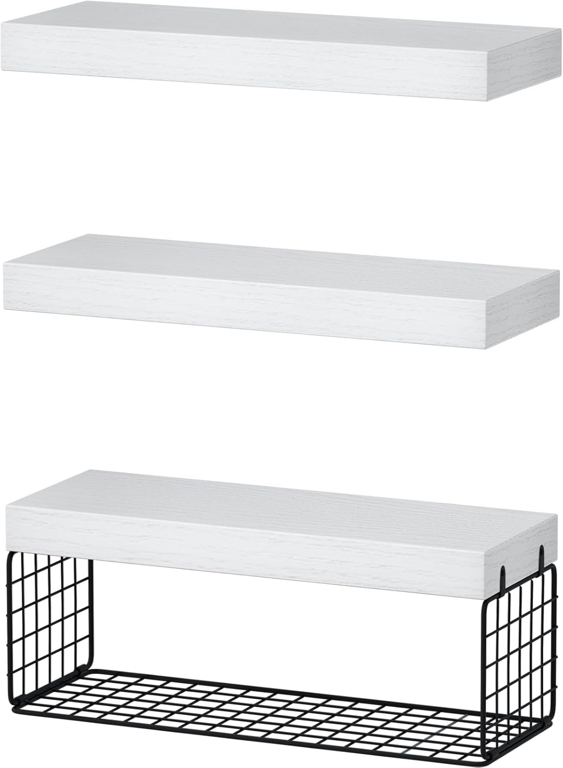 QEEIG Bathroom Shelves Over Toilet - Wall Mounted Floating Shelves Toilet Paper Storage Small Farmhouse Decor Shelf 16 inch Set of 3, White and Black (019-WB3)