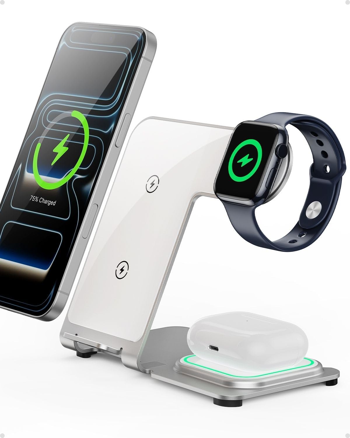 Intoval 3 in 1 Wireless Charger for iPhone 17/16/15/14/13/12,Wireless Charging Station for Apple Devices, Aluminum Charging Stand for iWatch 11 10 9 Ultra 3/2 SE 3/2,for AirPods 4 3 2 Pro 3/2